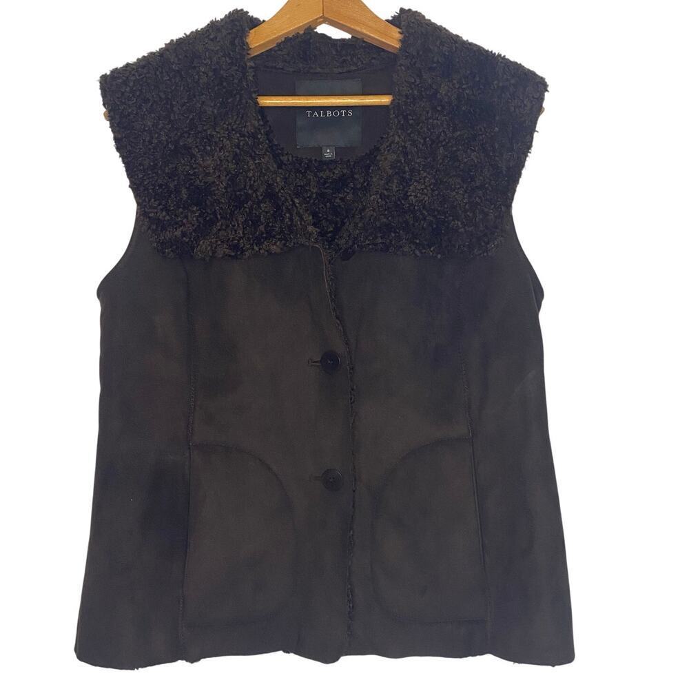 Talbots Brown Suede Vest Faux Fur Sherpa Lined Y2K  Button Front Soft‎ Punk Goth